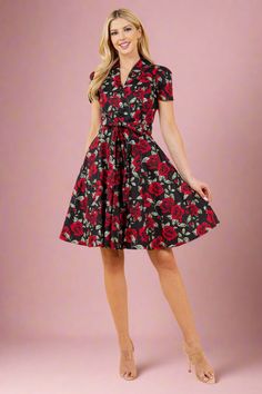 Rose print pinup retro rockabilly dress with pockets by LA Soul Short Sleeve Rose Print Dress For Garden Party, Short Sleeve Rose Print Dresses For Party, Short Sleeve Rose Print Party Dresses, Fitted Rose Dress For Spring, Fitted Rose Dress For Garden Party, Rose Fitted Dress For Spring, Spring Dresses With Roses, Fitted Rose Dress With Rose Detail, Spring Dresses With Rose Details