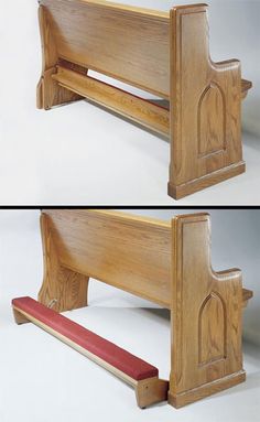 two pictures of a wooden bench with red seat pad and the bottom one is made out of wood