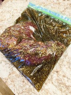 a bag filled with food sitting on top of a counter