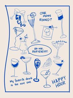 a blue and white poster with different types of drinks