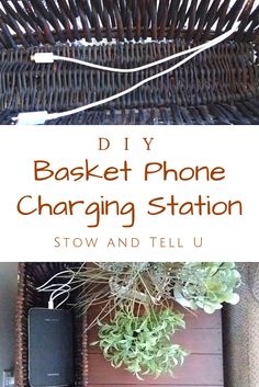 a basket phone charging station sitting on top of a table next to a potted plant