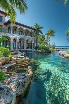 a large house sitting on top of a lush green hillside next to the ocean with clear blue water