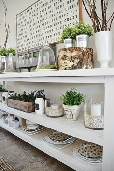 a white shelf filled with potted plants on top of a wooden table next to a wall