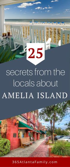 the front porch with white rocking chairs and text overlay reads 25 secrets from the locals about amelia island