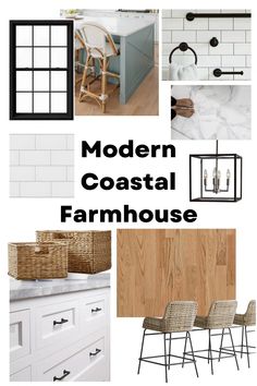 modern coastal farmhouse style kitchen with white cabinets and wood flooring, black framed windows