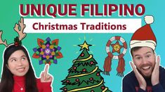 a man and woman are standing in front of a christmas tree with the words unique filipino on it