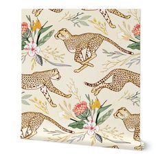 a wallpaper with leopards and flowers on it