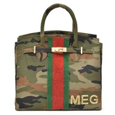 ane Bag – Camo – Single Racing Stripe + InitialsWith a nod to one of the most iconic handbags of all time, this Olive Camo Canvas Bag is customized with your choice of Racing Stripe Color, Hardware and Initials.Bag measures 12″ wide x 11″ tall with 8″ gusset.  Satin-lined with one small inside zip pocket and two open pockets.  Hidden purse strap loops (shoulder strap not included.)  Racing Stripe is beaded on front and back.Custom bags are made to order and do take time.  Please allow four weeks Affordable Sporty Bag With Letter Print, Aka Handbags, Iconic Handbags, Camo Bag, Wedding Bags, Army Camo, Handbag Heaven, Racing Stripes, Wedding Bag