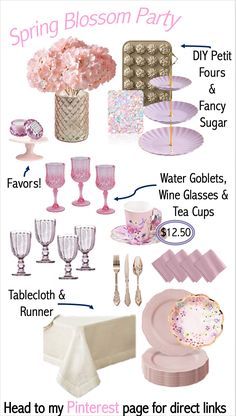 a bunch of different types of pink and white dishes, glasses, plates, napkins