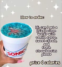 someone holding up an ice cream cup with blue liquid in it and the words, how to order?