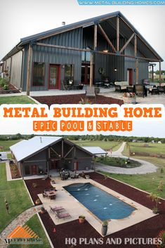 an aerial view of a metal building home with a pool and patio in the foreground