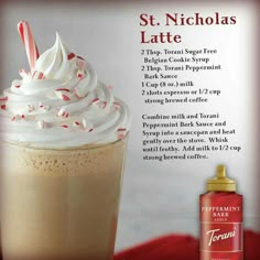 an advertisement for a hot chocolate drink with whipped cream and candy canes