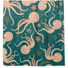 an octopus and jellyfish pattern on teal art print