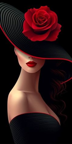 a woman wearing a black hat with a red rose on it's brim