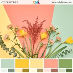 the color scheme is yellow, green, and pink with flowers on it's side