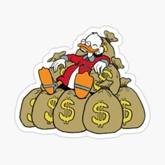 a cartoon duck sitting on top of bags of money sticker, with the words $ 5