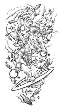 Eye catchy custom tattoo design Half Sleeve Tattoo Stencils, Astronaut Tattoo, Half Sleeve Tattoos Drawings, Tattoo Outline Drawing, Tattoo Zeichnungen, Half Sleeve Tattoos For Guys, Sketch Tattoo Design, Tattoo Stencil Outline, Space Tattoo