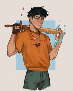 a drawing of a man holding a baseball bat over his shoulder and wearing an orange shirt