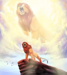 a lion standing on top of a hand with clouds in the background