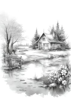 a black and white drawing of a house on the water with trees in the background