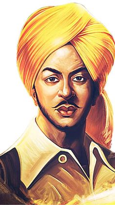 a painting of a man with an orange turban on his head and yellow hair