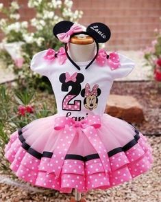 a minnie mouse outfit with pink and white polka dots on the skirt, is displayed in front of some flowers