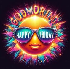 the sun with sunglasses saying happy friday on it's face and some colorful lights around it