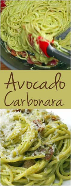 an image of avocado carbonara with text overlay