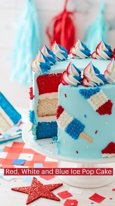 a red, white and blue cake on a table