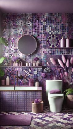 a bathroom with purple tiles on the wall and toilet in the middle, surrounded by plants