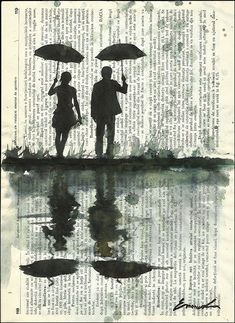 two people holding umbrellas standing on the edge of a body of water in front of an open book page