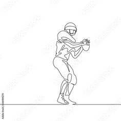 continuous line drawing of a football player with the ball in his hands on a white background