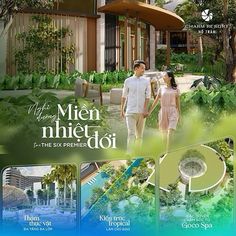 an advertisement for a luxury resort with two people walking in front of the building and trees