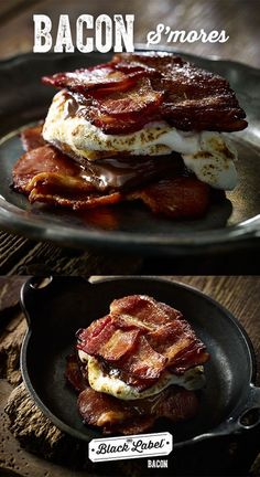 bacon and eggs are stacked on top of each other in a frying pan for breakfast