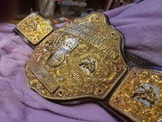 a gold and black wrestling belt laying on top of a purple blanket