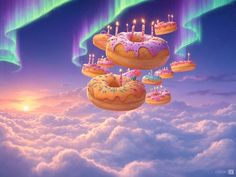 there are many donuts floating in the sky