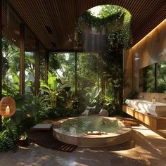 an outdoor spa with large tubs surrounded by greenery