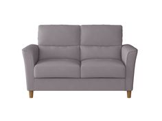 a grey couch with wooden legs on a white background