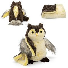 an owl stuffed animal is shown in three different poses