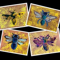 four pictures of bees on a honeycomb with blue and yellow colors in the background