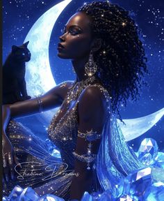 a woman in a blue dress with a cat on her shoulder and the moon behind her