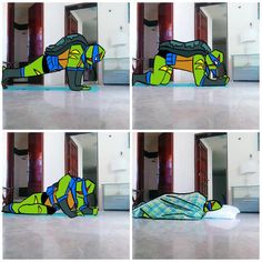 four pictures of a person laying on the floor