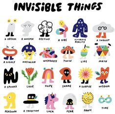 a poster with different types of cartoon characters and words that say invisible things on it