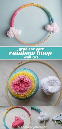 the instructions for how to make an easy rainbow yarn hoop art project that is perfect for kids and adults