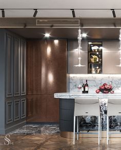 a modern kitchen with marble counter tops and white chairs in front of the bar area