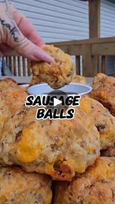 sausage balls are stacked on top of each other with the words sausage balls above them