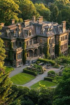 an aerial view of a large mansion surrounded by trees