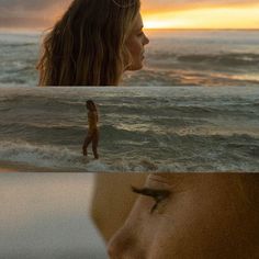 a woman standing on top of a beach next to the ocean with her hair blowing in the wind