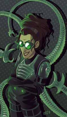 a woman with green eyes and an alien like costume is standing in front of a black background