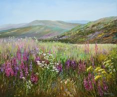 a painting of wildflowers and mountains in the background